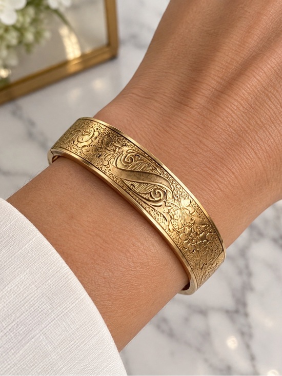 L m & co Jewelry - LM & Co Antique Gold Filled Hinged Bangle Bracelet Floral Etched Engraved Scroll